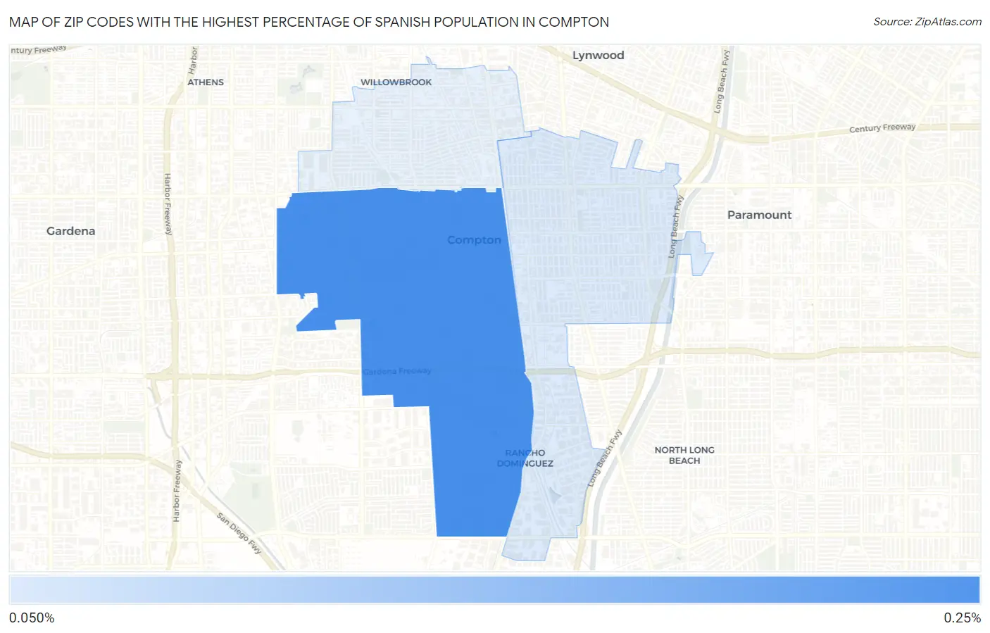 Zip Codes with the Highest Percentage of Spanish Population in Compton Map
