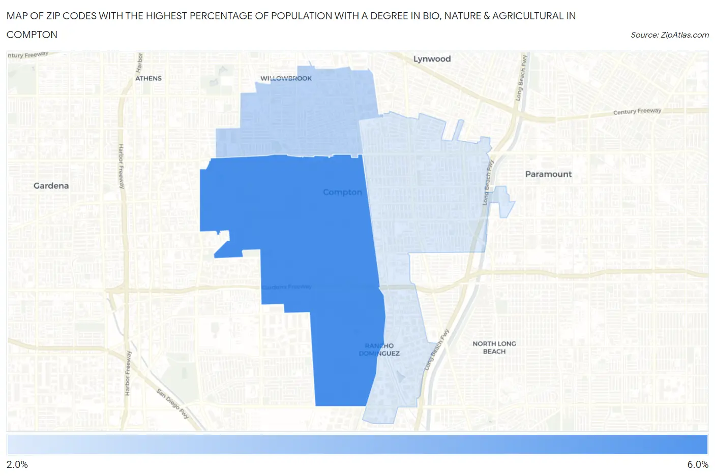 Zip Codes with the Highest Percentage of Population with a Degree in Bio, Nature & Agricultural in Compton Map