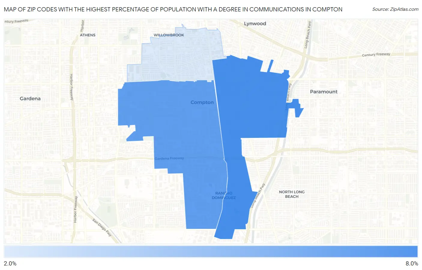 Zip Codes with the Highest Percentage of Population with a Degree in Communications in Compton Map