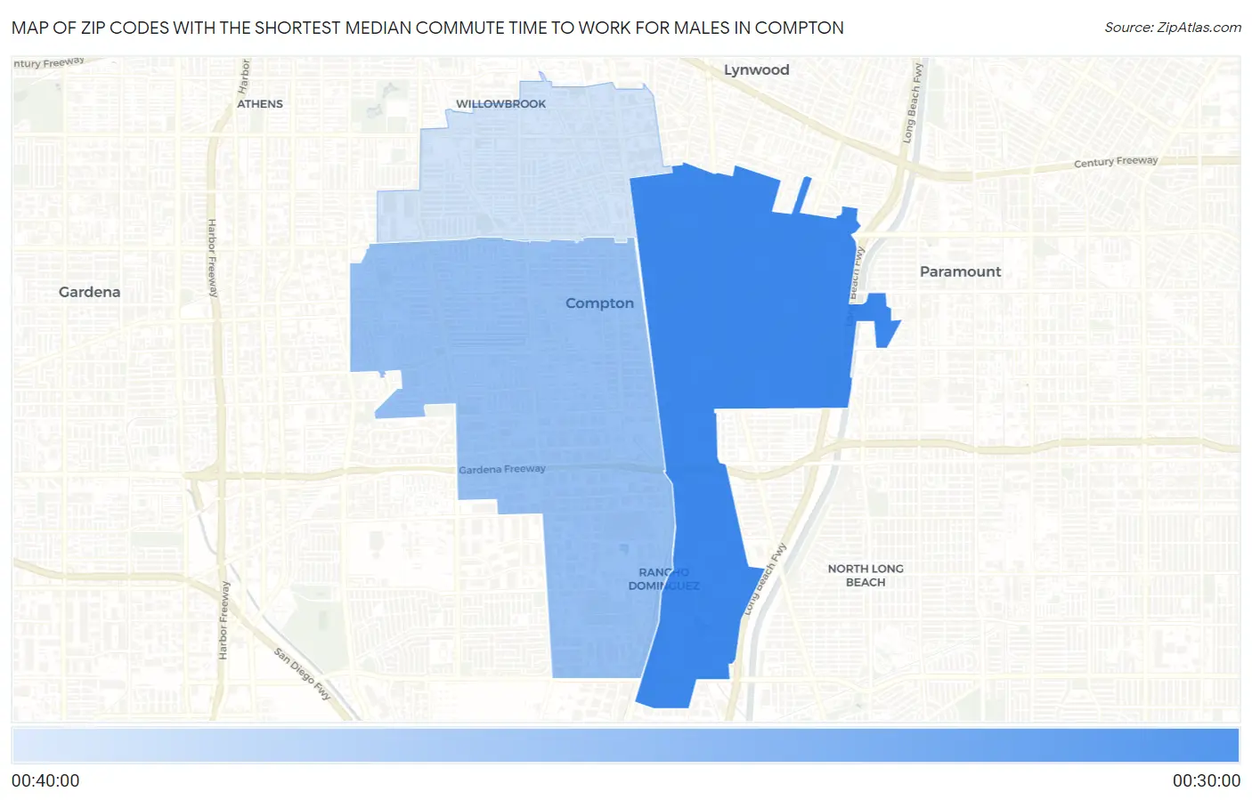 Zip Codes with the Shortest Median Commute Time to Work for Males in Compton Map