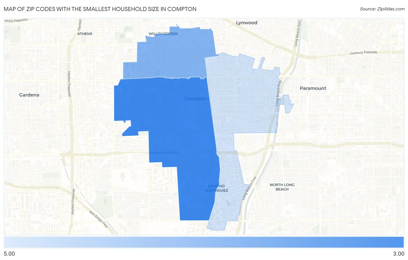 Zip Codes with the Smallest Household Size in Compton Map