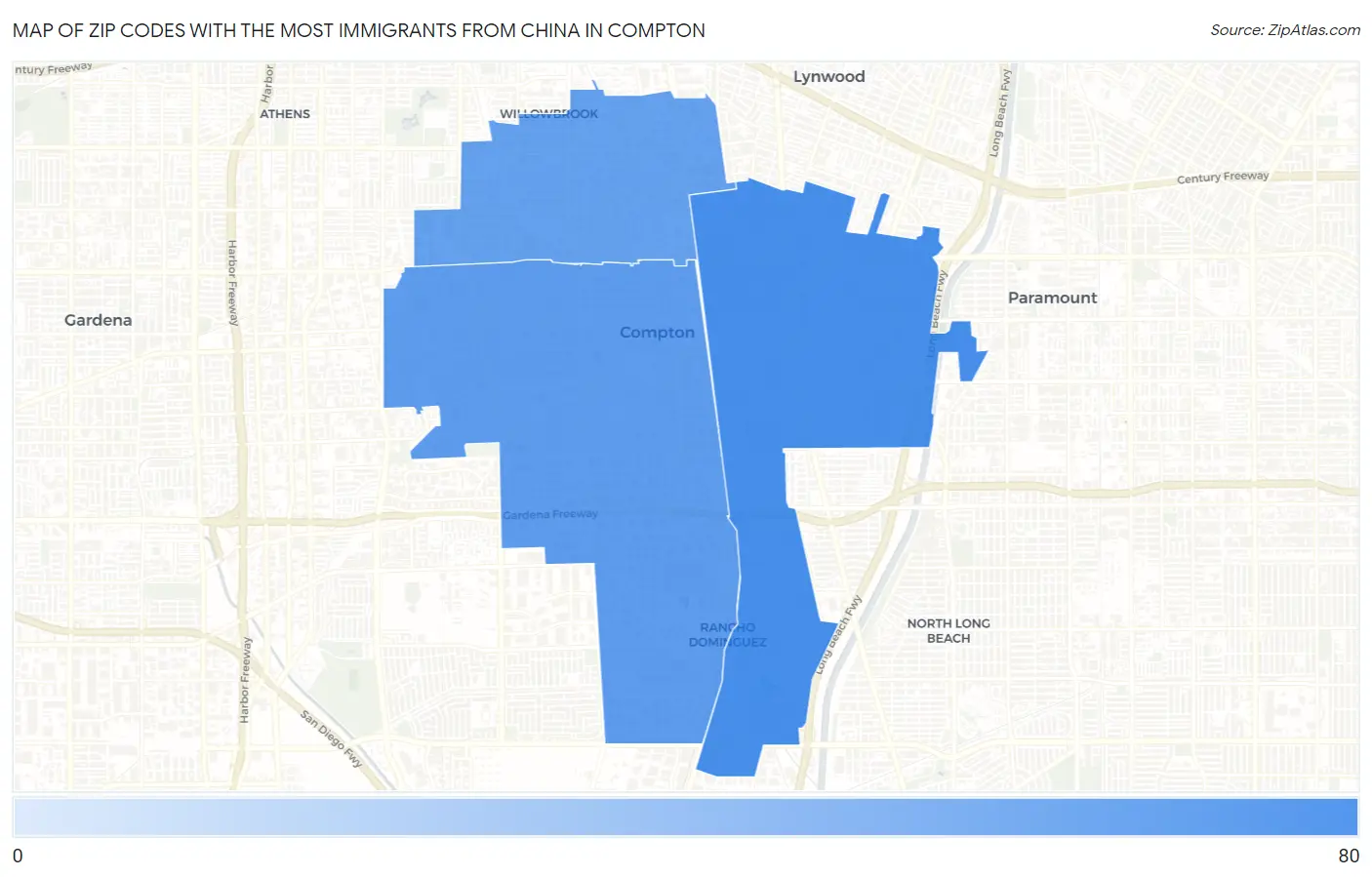 Zip Codes with the Most Immigrants from China in Compton Map