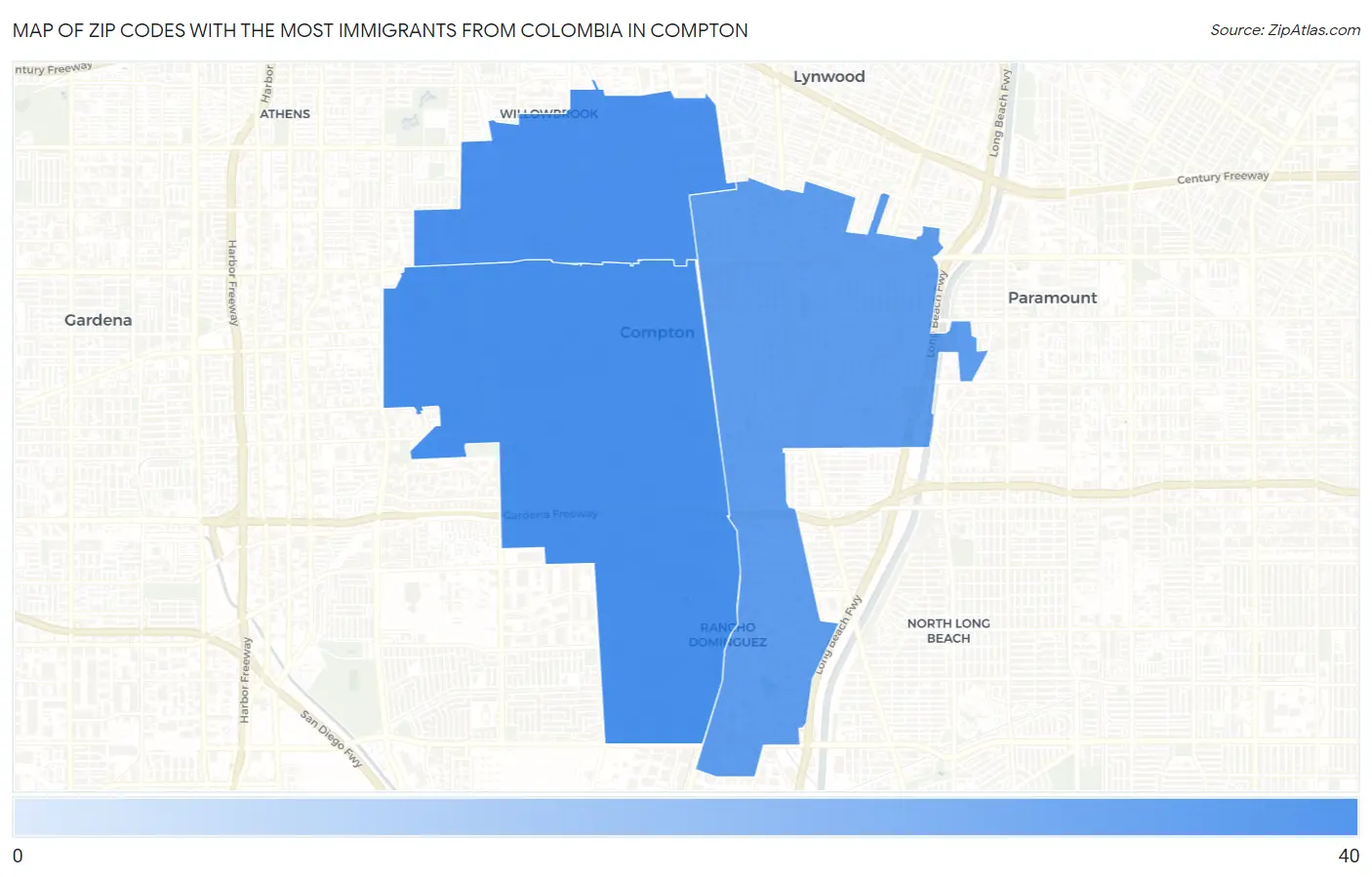 Zip Codes with the Most Immigrants from Colombia in Compton Map