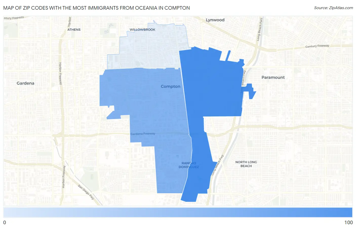 Zip Codes with the Most Immigrants from Oceania in Compton Map