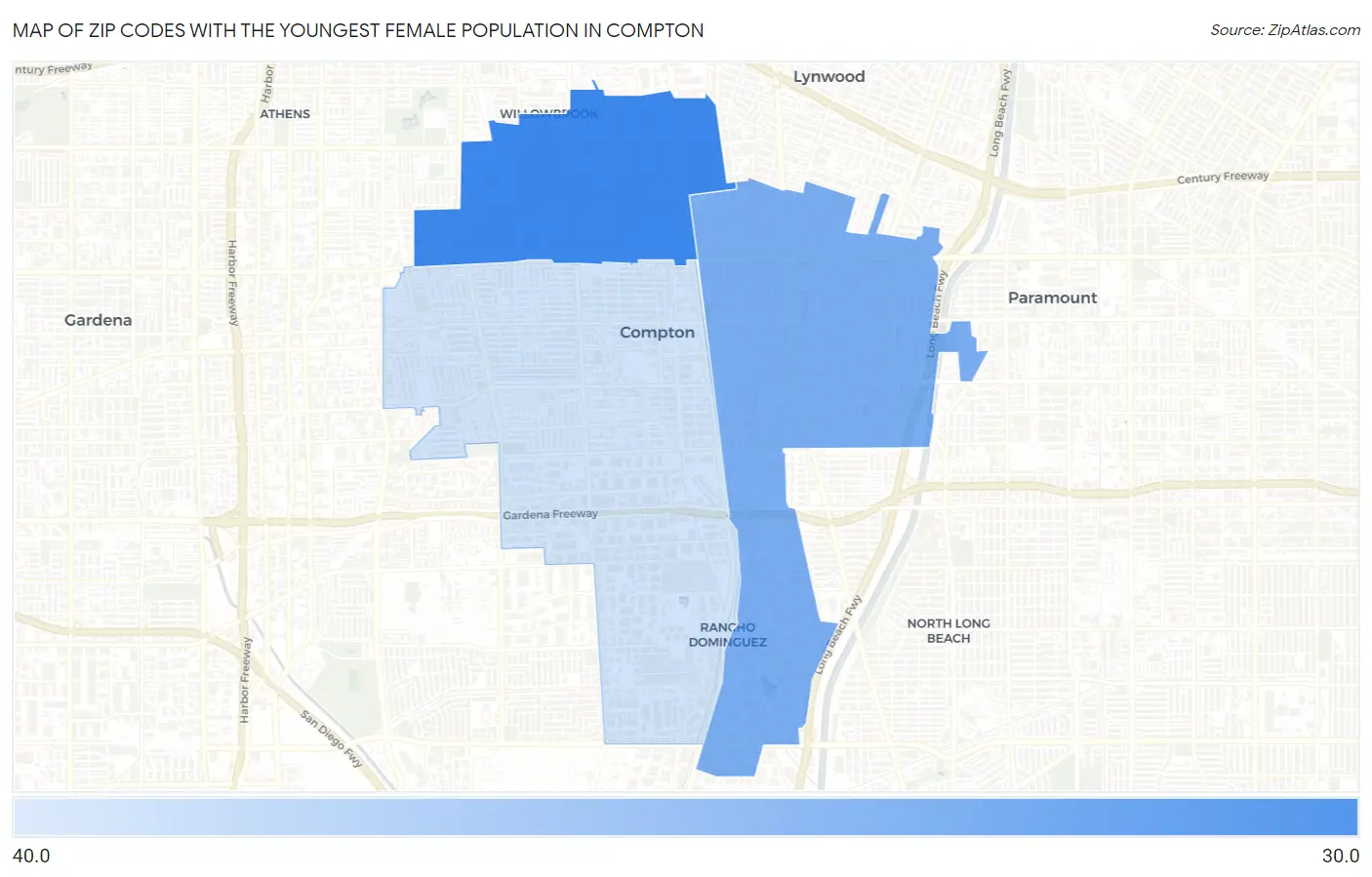 Zip Codes with the Youngest Female Population in Compton Map