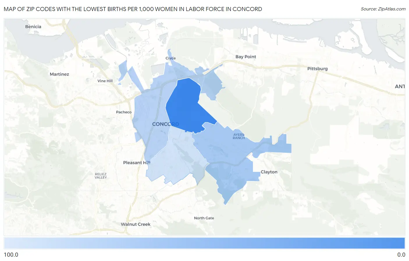 Zip Codes with the Lowest Births per 1,000 Women in Labor Force in Concord Map