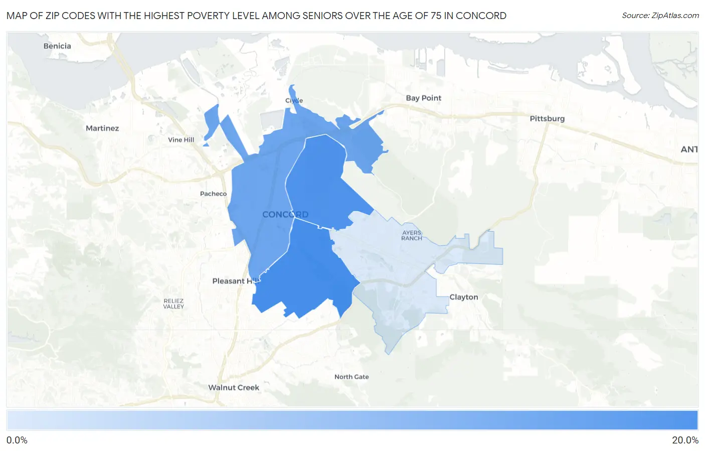 Zip Codes with the Highest Poverty Level Among Seniors Over the Age of 75 in Concord Map
