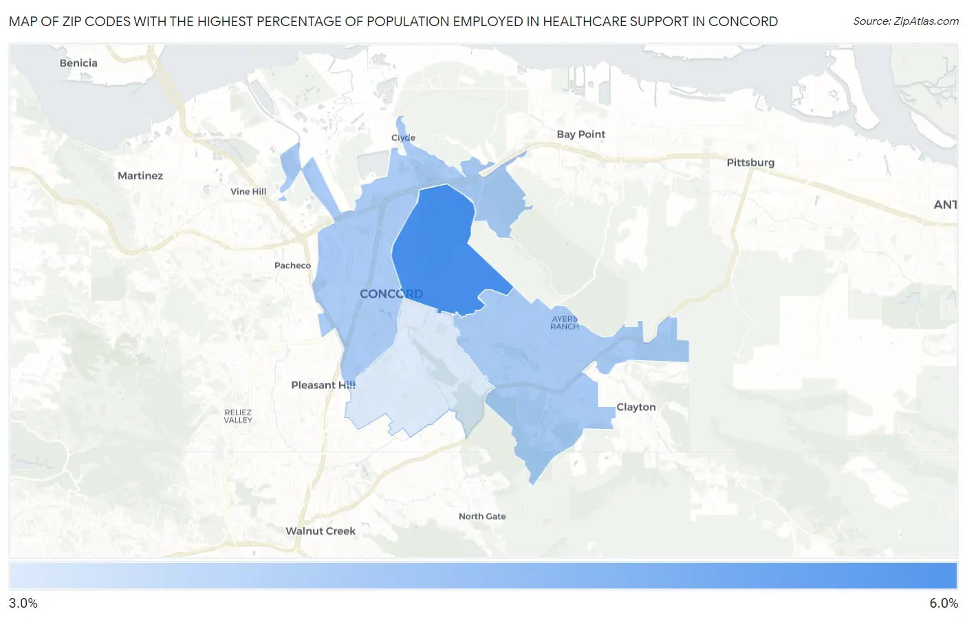 Zip Codes with the Highest Percentage of Population Employed in Healthcare Support in Concord Map