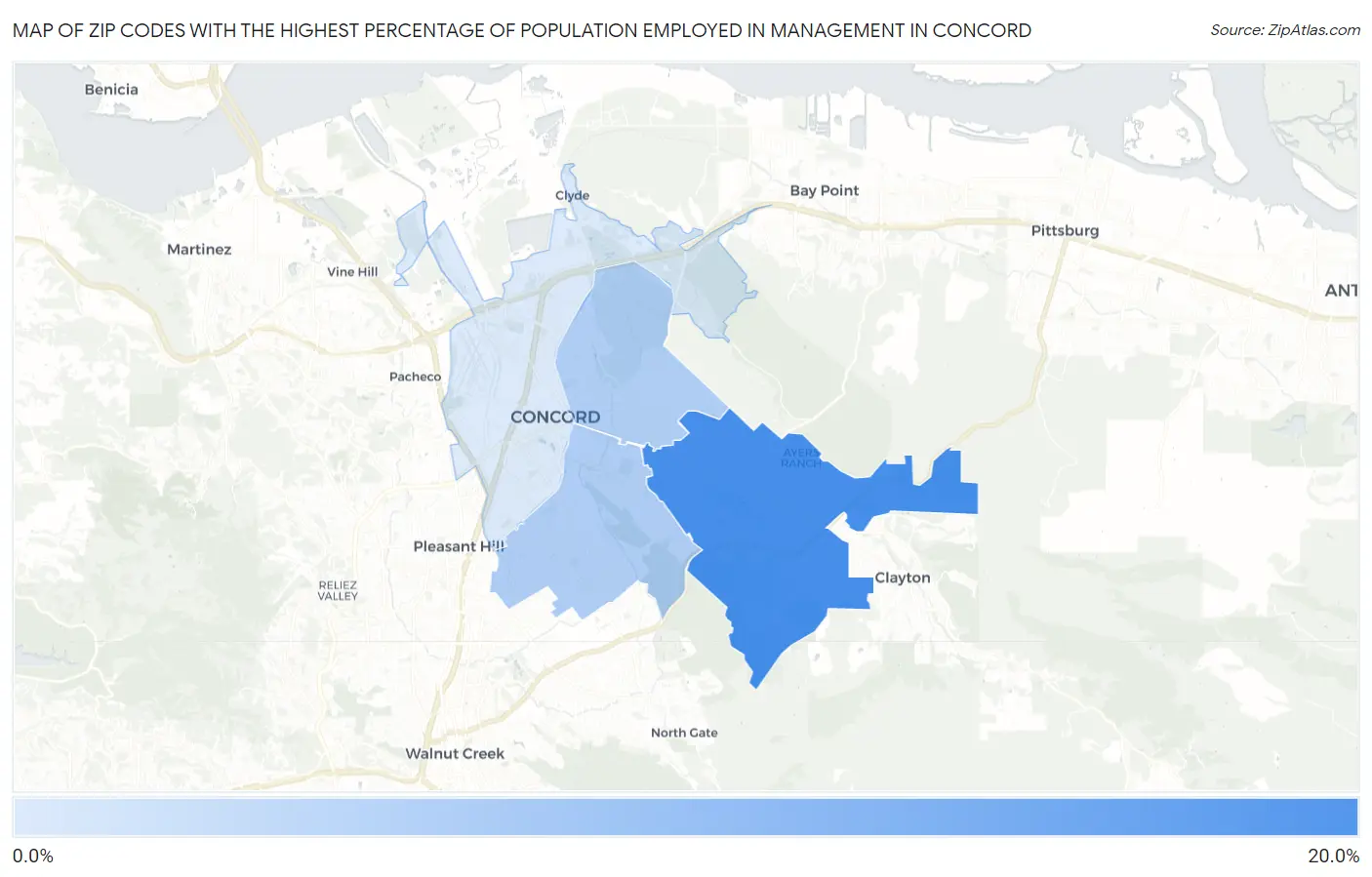 Zip Codes with the Highest Percentage of Population Employed in Management in Concord Map