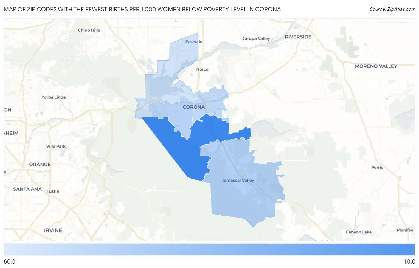 Zip Codes with the Fewest Births per 1,000 Women Below Poverty Level in Corona Map