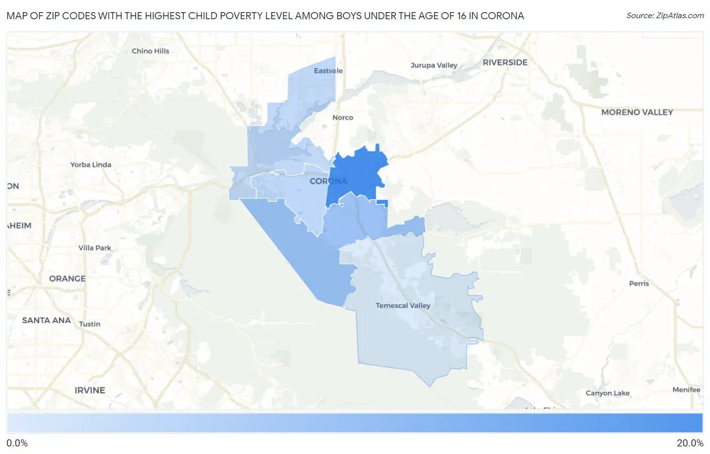 Zip Codes with the Highest Child Poverty Level Among Boys Under the Age of 16 in Corona Map