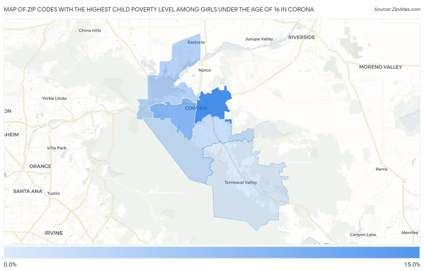 Zip Codes with the Highest Child Poverty Level Among Girls Under the Age of 16 in Corona Map