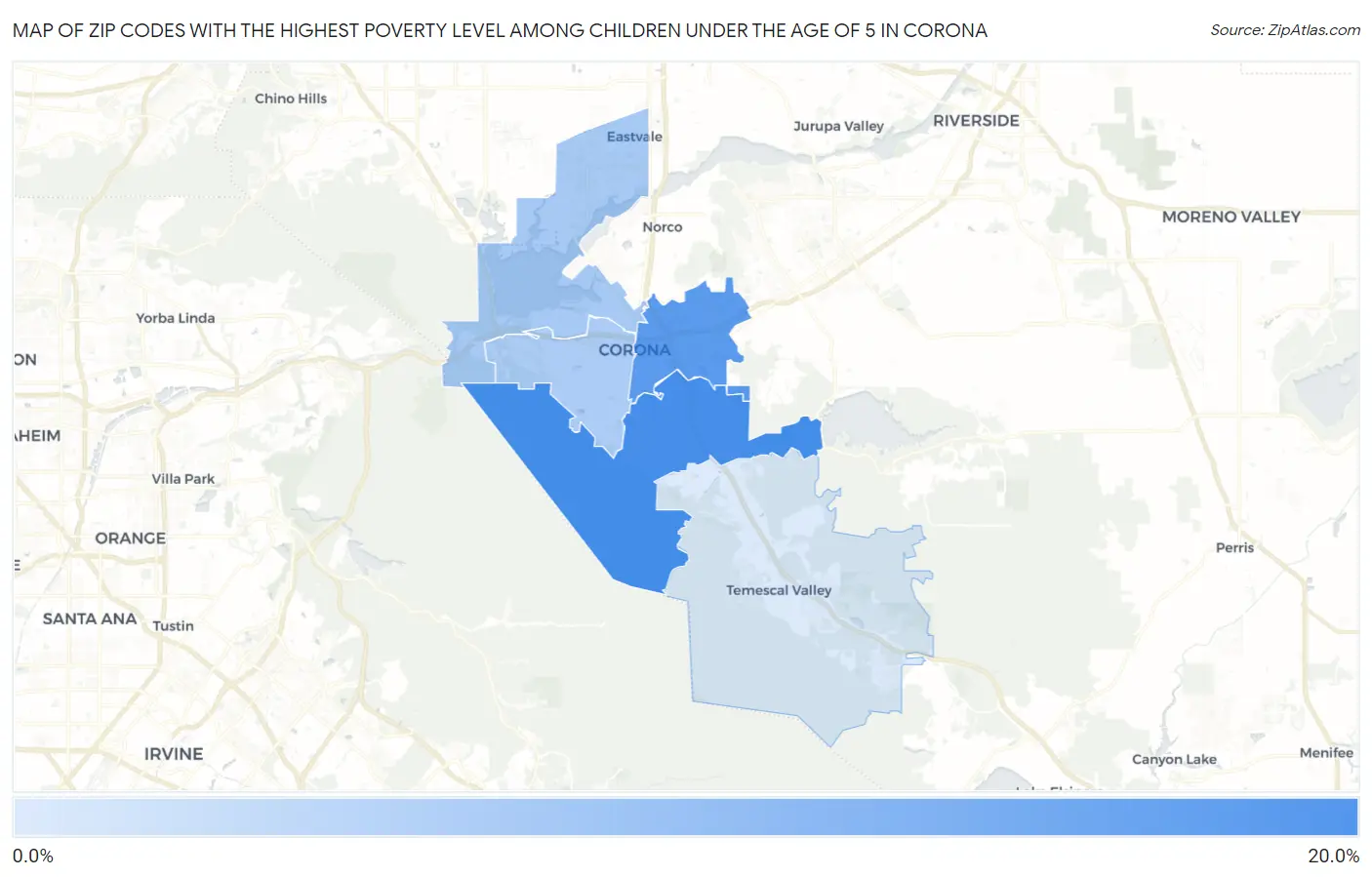 Zip Codes with the Highest Poverty Level Among Children Under the Age of 5 in Corona Map