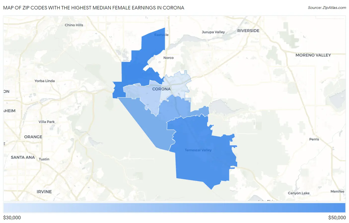 Zip Codes with the Highest Median Female Earnings in Corona Map