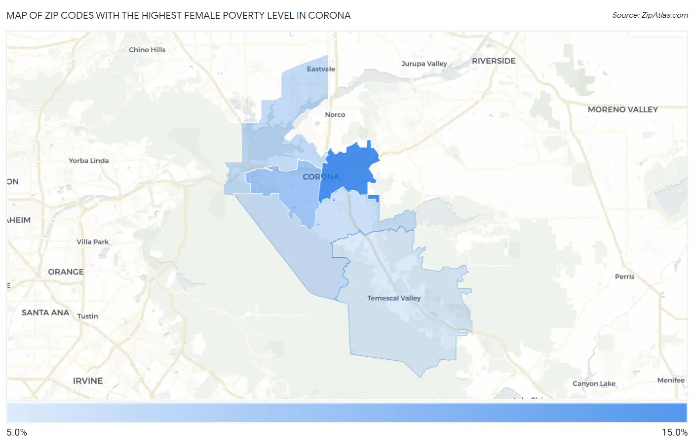 Zip Codes with the Highest Female Poverty Level in Corona Map