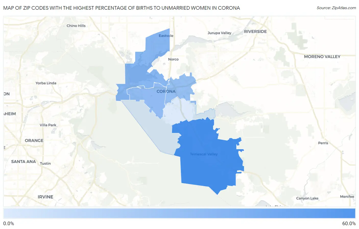 Zip Codes with the Highest Percentage of Births to Unmarried Women in Corona Map