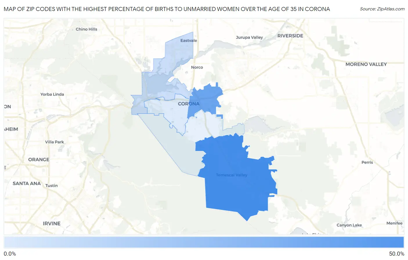 Zip Codes with the Highest Percentage of Births to Unmarried Women over the Age of 35 in Corona Map