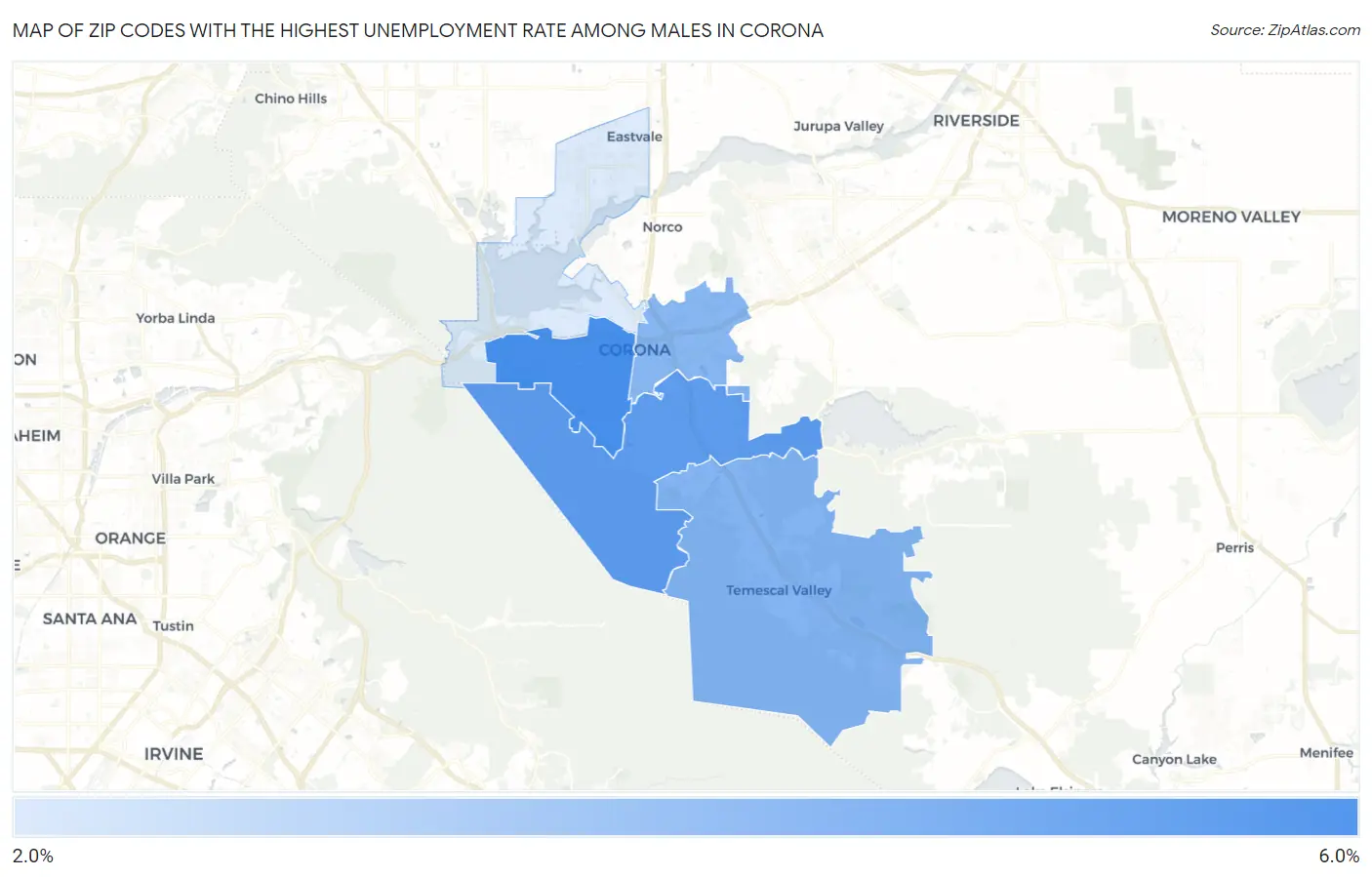 Zip Codes with the Highest Unemployment Rate Among Males in Corona Map