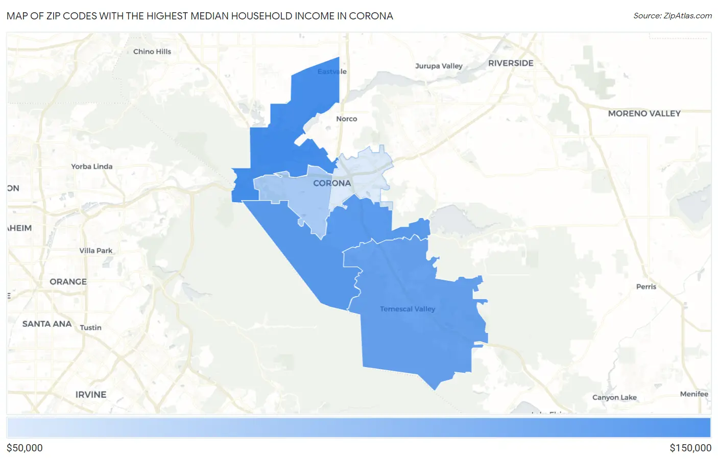 Zip Codes with the Highest Median Household Income in Corona Map