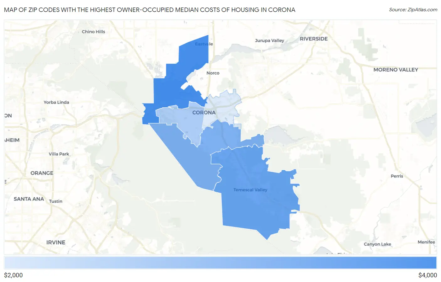 Zip Codes with the Highest Owner-Occupied Median Costs of Housing in Corona Map
