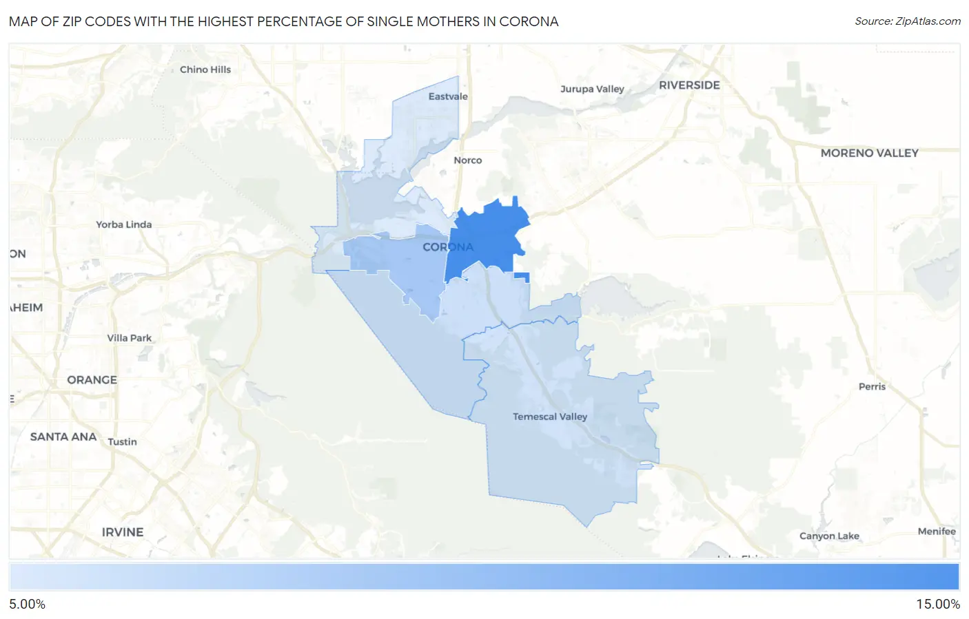 Zip Codes with the Highest Percentage of Single Mothers in Corona Map