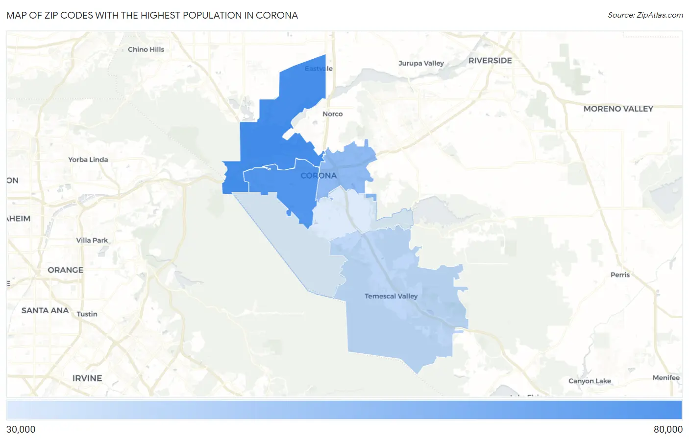 Zip Codes with the Highest Population in Corona Map