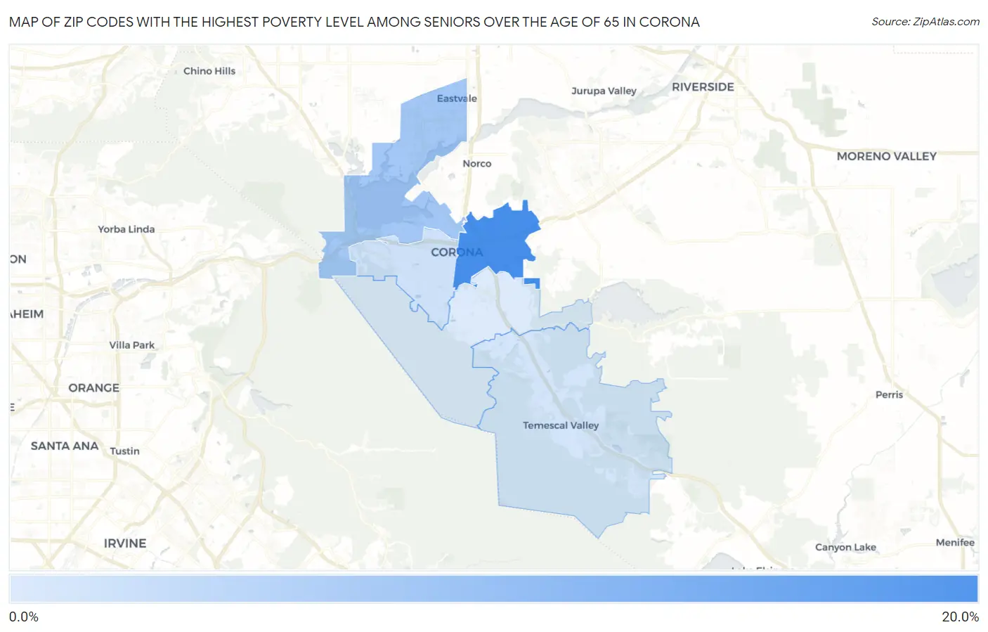 Zip Codes with the Highest Poverty Level Among Seniors Over the Age of 65 in Corona Map