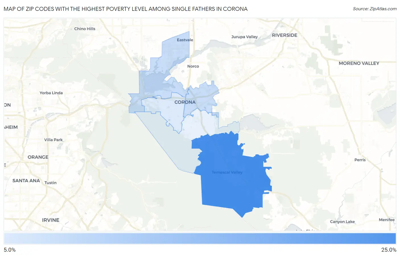 Zip Codes with the Highest Poverty Level Among Single Fathers in Corona Map
