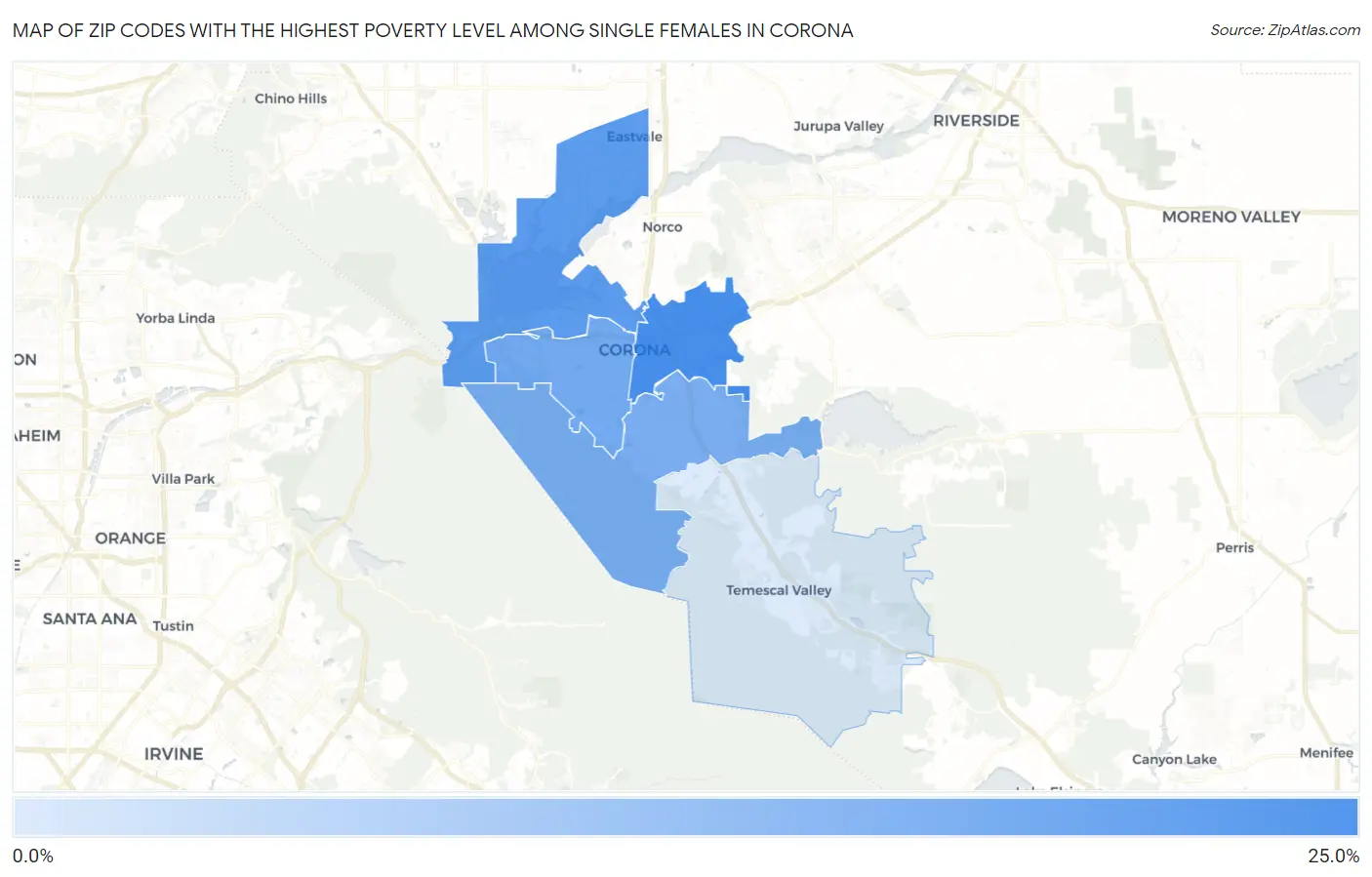 Zip Codes with the Highest Poverty Level Among Single Females in Corona Map