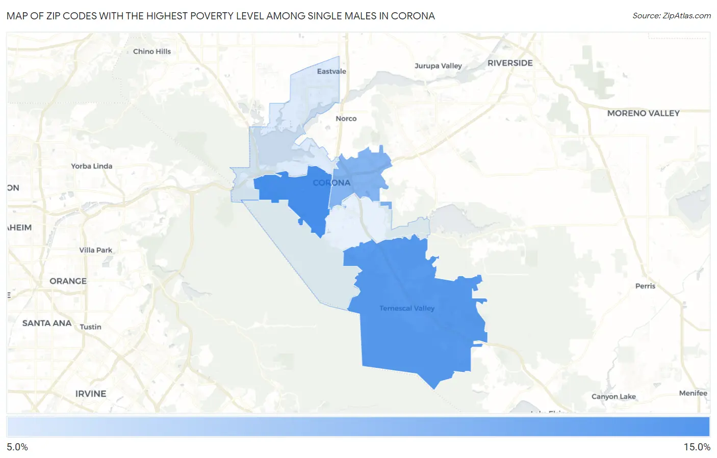 Zip Codes with the Highest Poverty Level Among Single Males in Corona Map