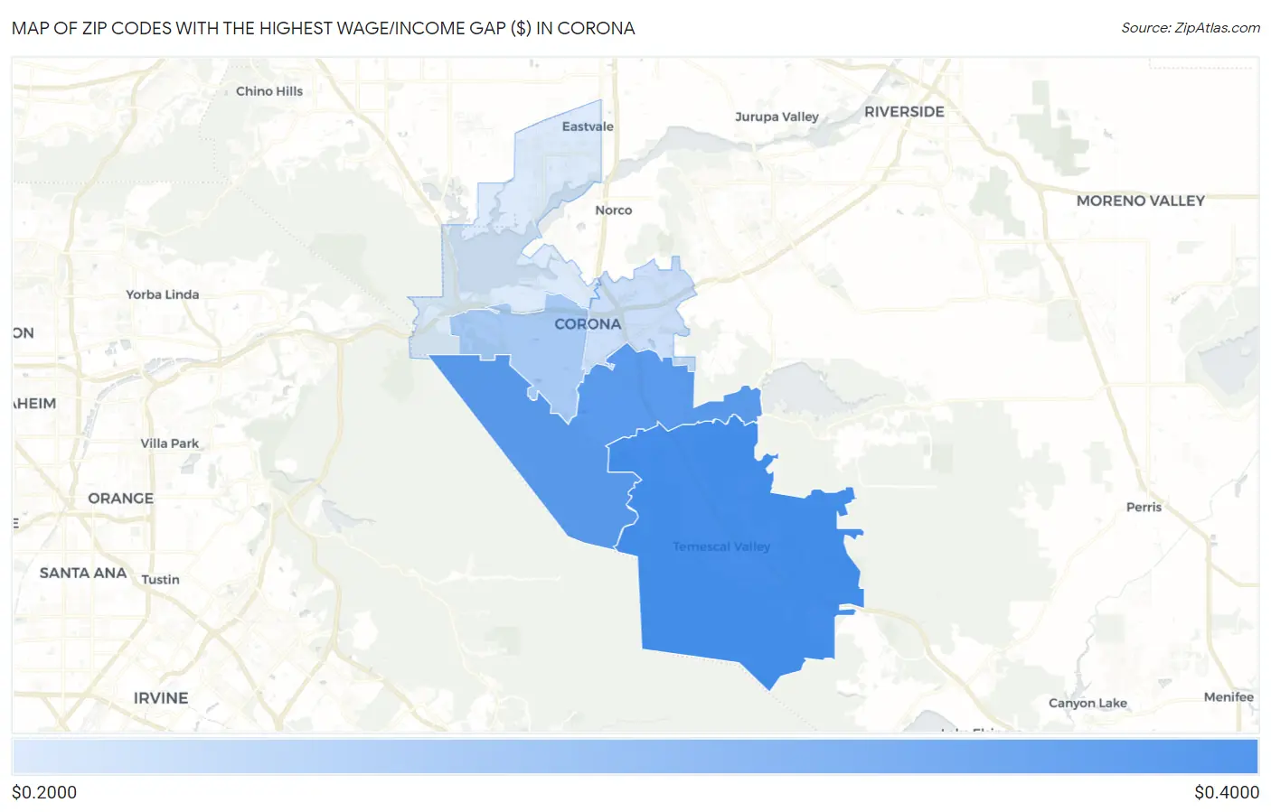 Zip Codes with the Highest Wage/Income Gap ($) in Corona Map