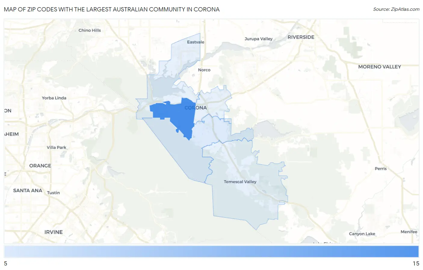 Zip Codes with the Largest Australian Community in Corona Map