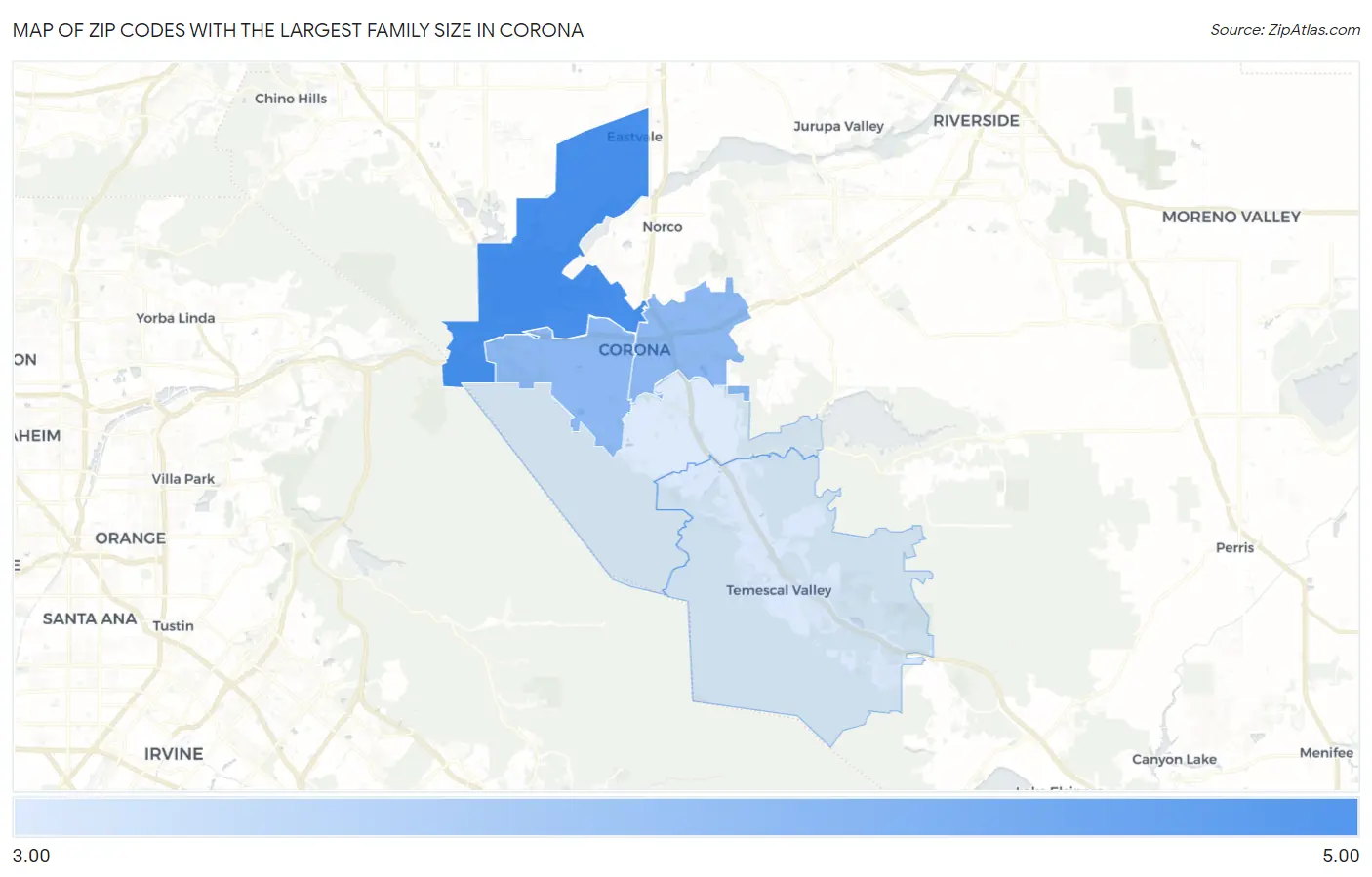 Zip Codes with the Largest Family Size in Corona Map