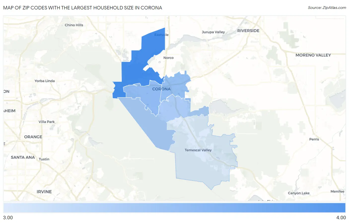 Zip Codes with the Largest Household Size in Corona Map