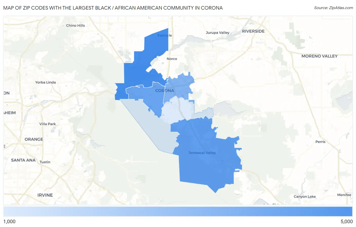 Zip Codes with the Largest Black / African American Community in Corona Map