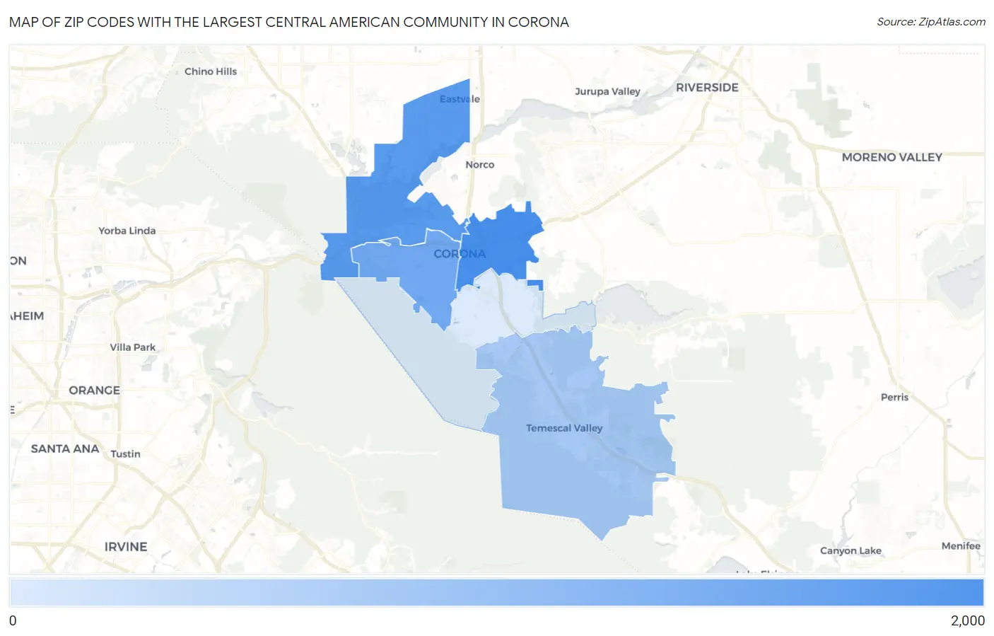Zip Codes with the Largest Central American Community in Corona Map