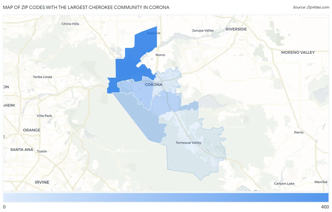 Zip Codes with the Largest Cherokee Community in Corona Map