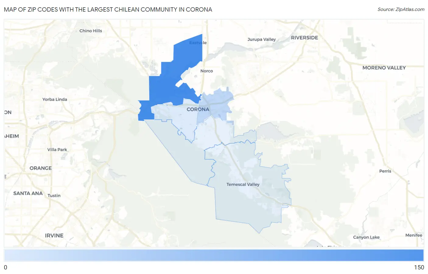 Zip Codes with the Largest Chilean Community in Corona Map