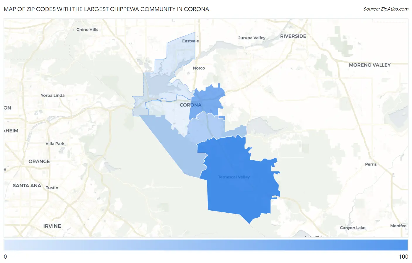 Zip Codes with the Largest Chippewa Community in Corona Map