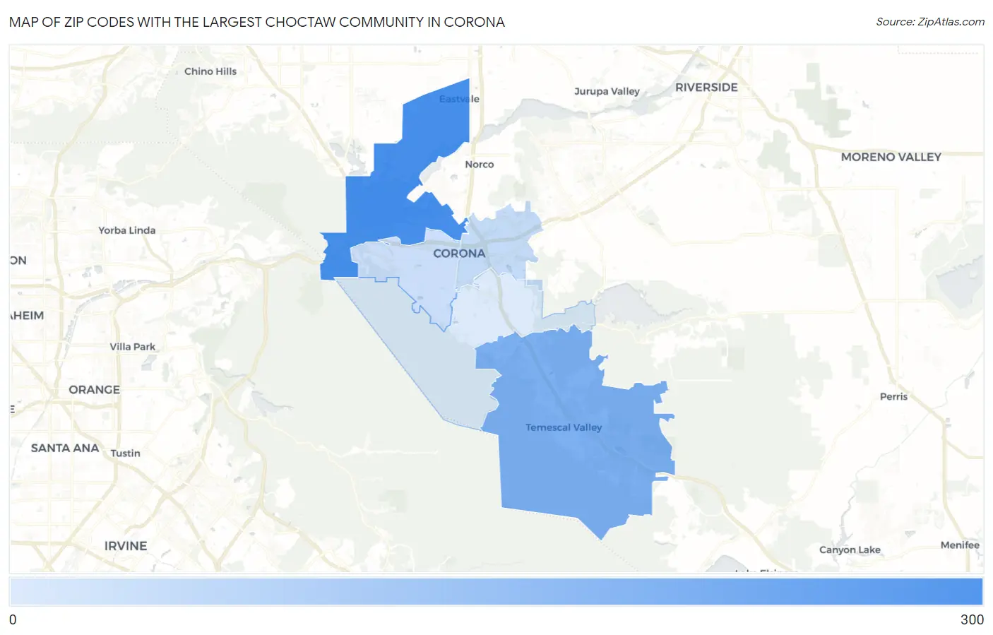 Zip Codes with the Largest Choctaw Community in Corona Map