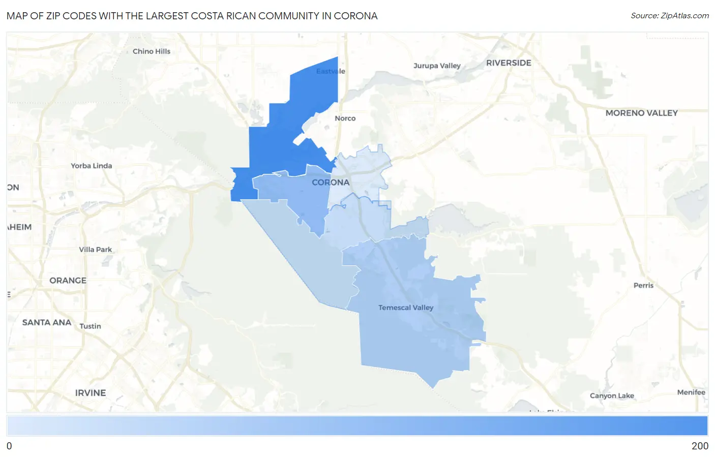 Zip Codes with the Largest Costa Rican Community in Corona Map