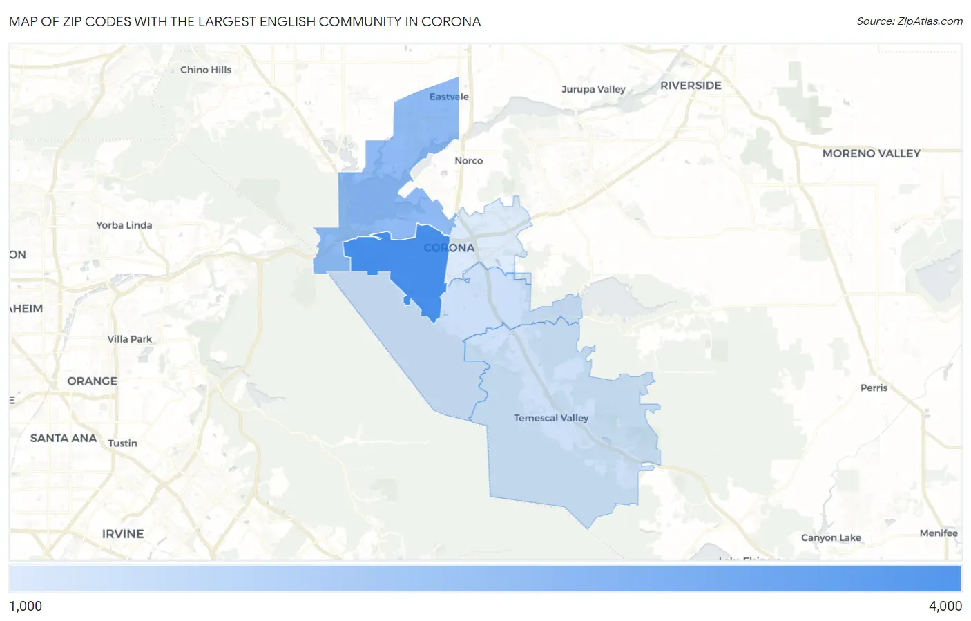Zip Codes with the Largest English Community in Corona Map