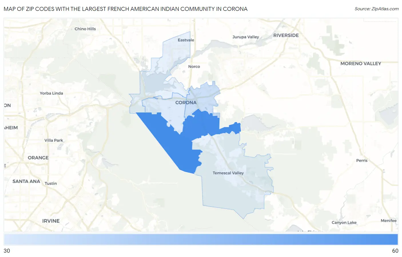 Zip Codes with the Largest French American Indian Community in Corona Map