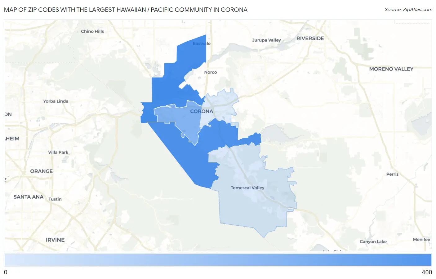 Zip Codes with the Largest Hawaiian / Pacific Community in Corona Map