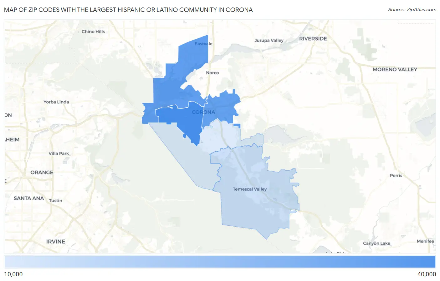 Zip Codes with the Largest Hispanic or Latino Community in Corona Map