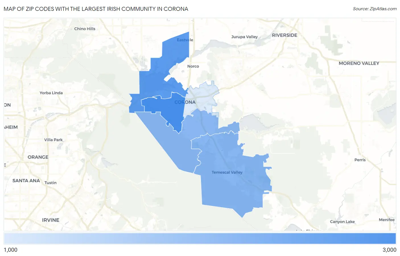 Zip Codes with the Largest Irish Community in Corona Map