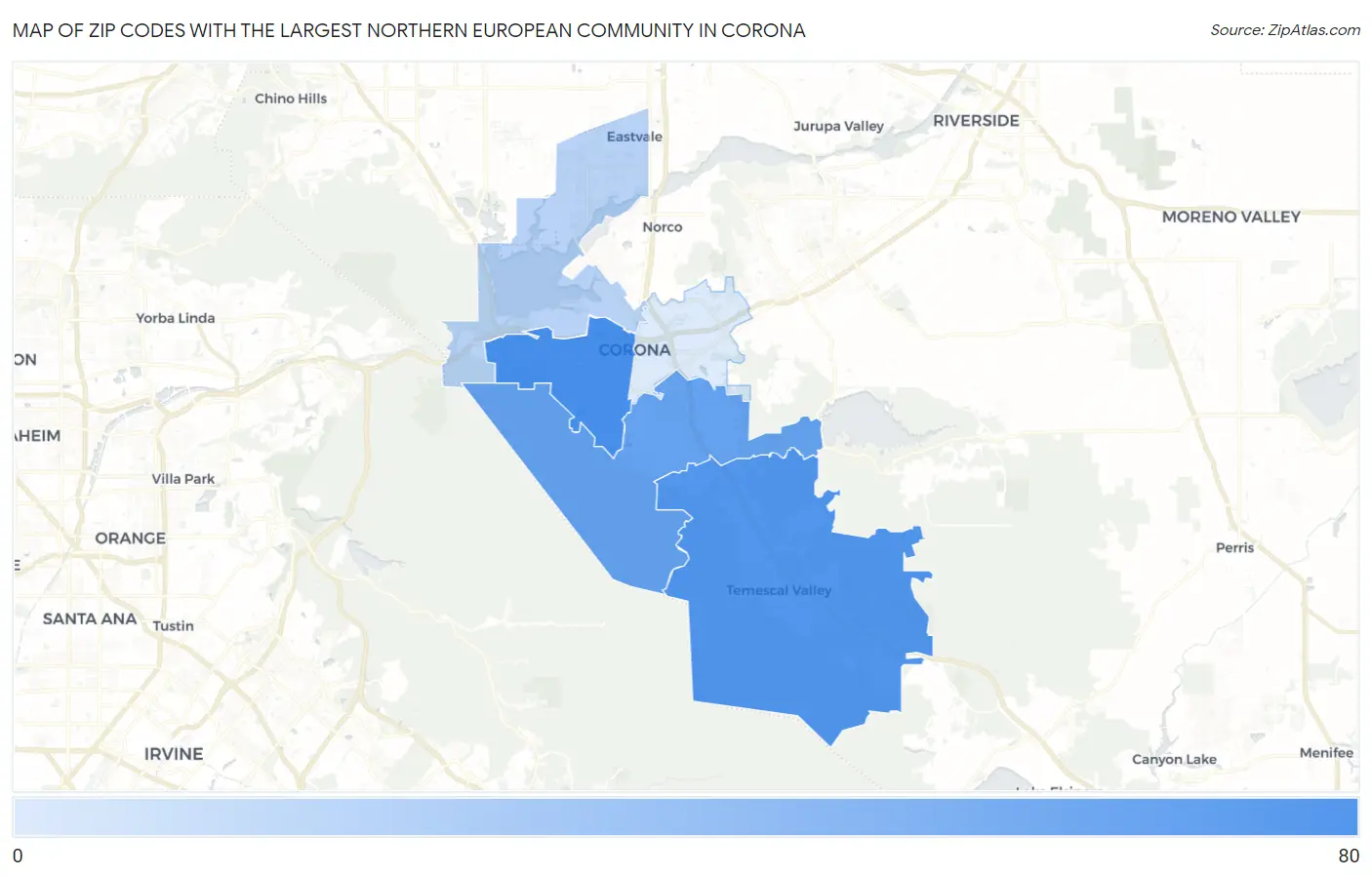 Zip Codes with the Largest Northern European Community in Corona Map