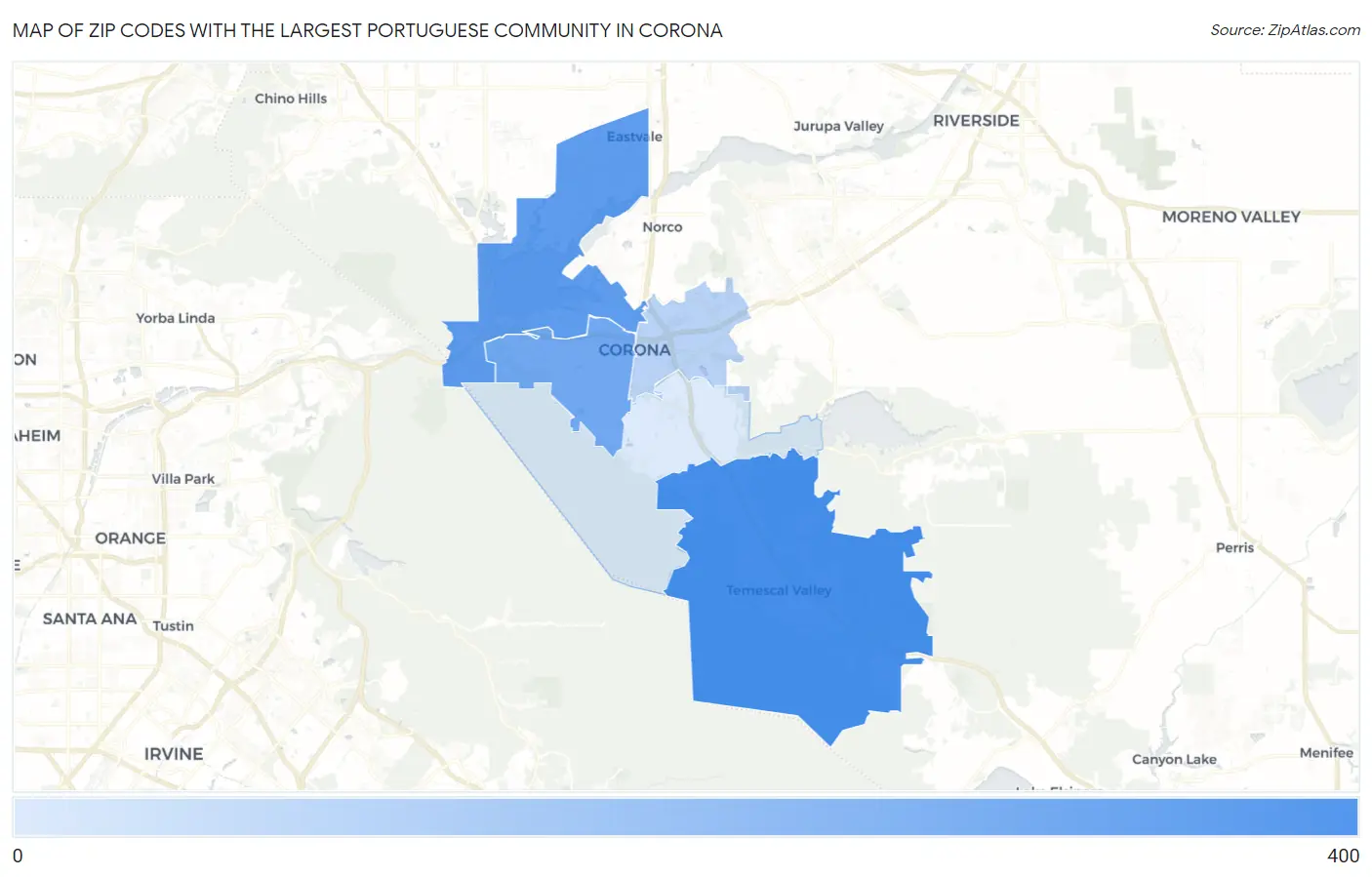 Zip Codes with the Largest Portuguese Community in Corona Map