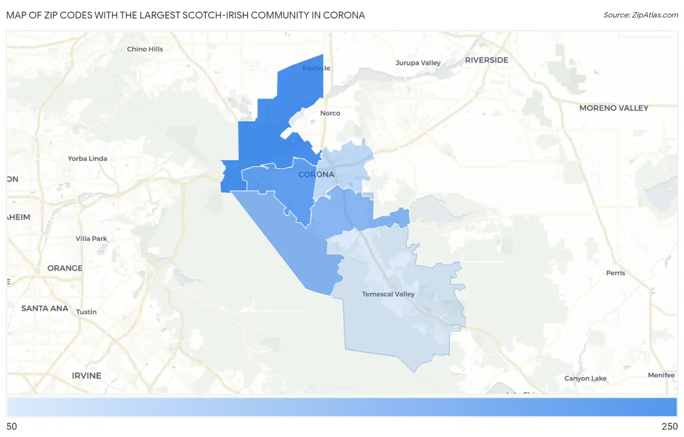 Zip Codes with the Largest Scotch-Irish Community in Corona Map