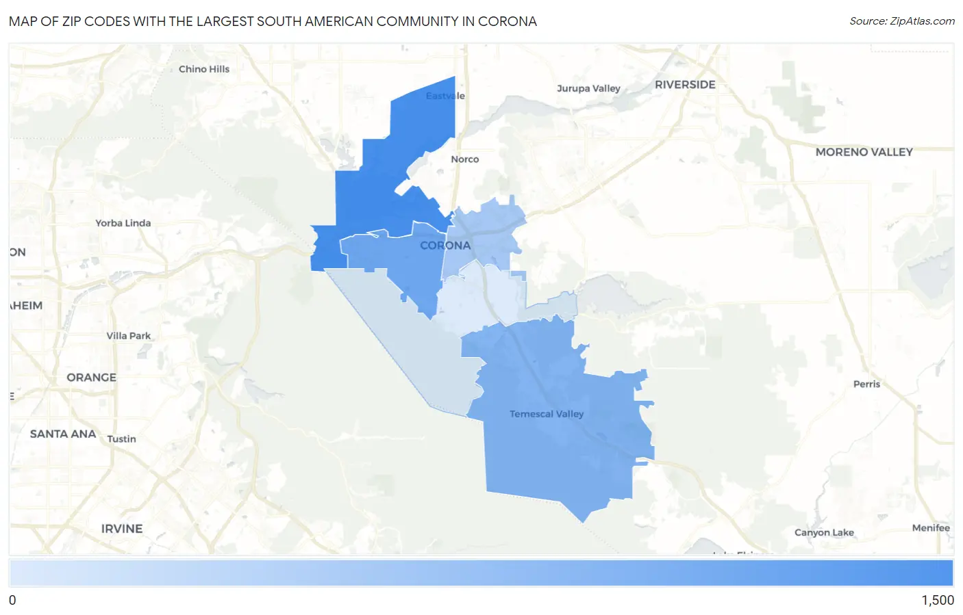Zip Codes with the Largest South American Community in Corona Map